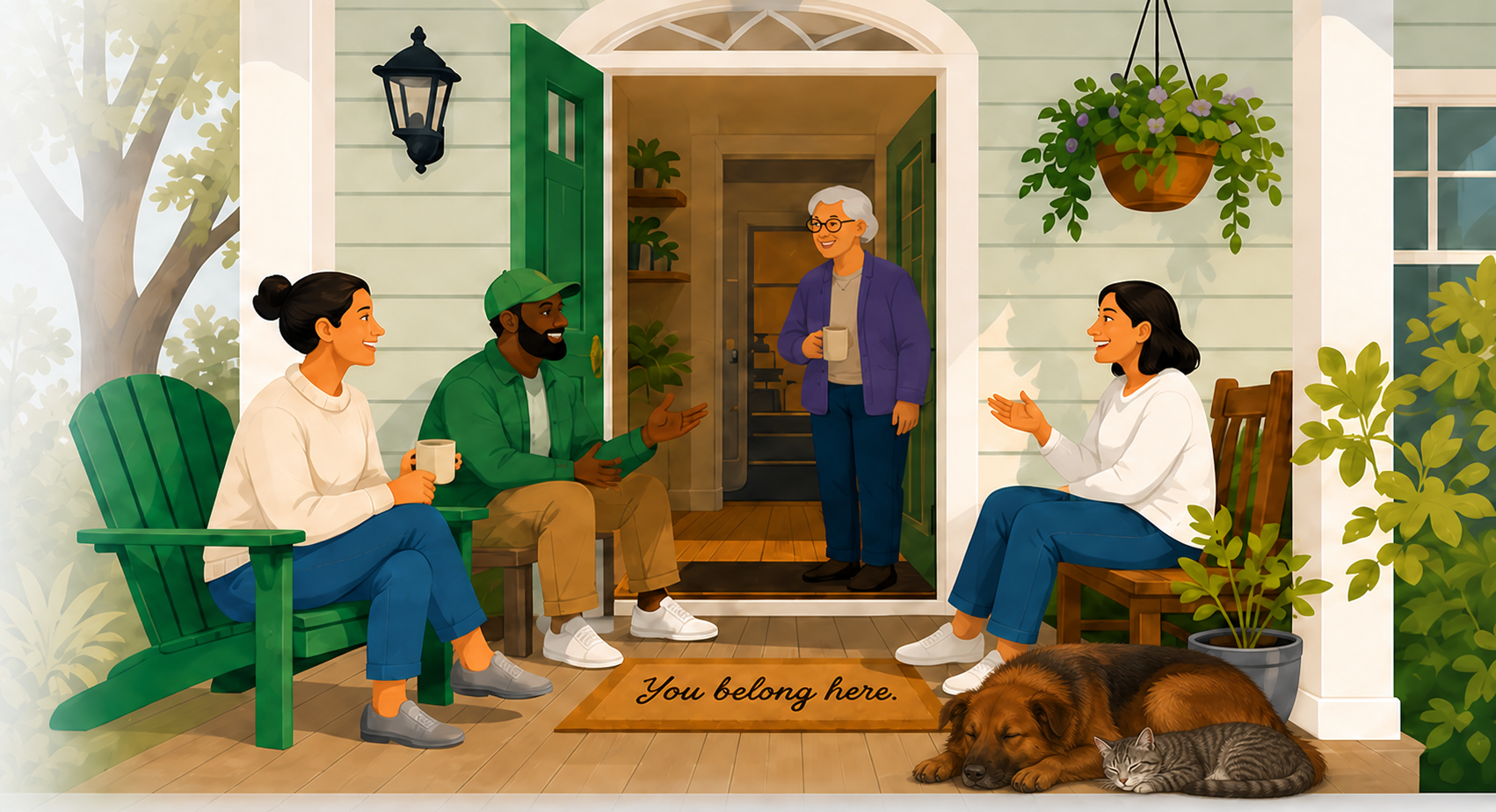 Illustration of neighbors talking on a welcoming porch, with a dog and cat resting nearby.