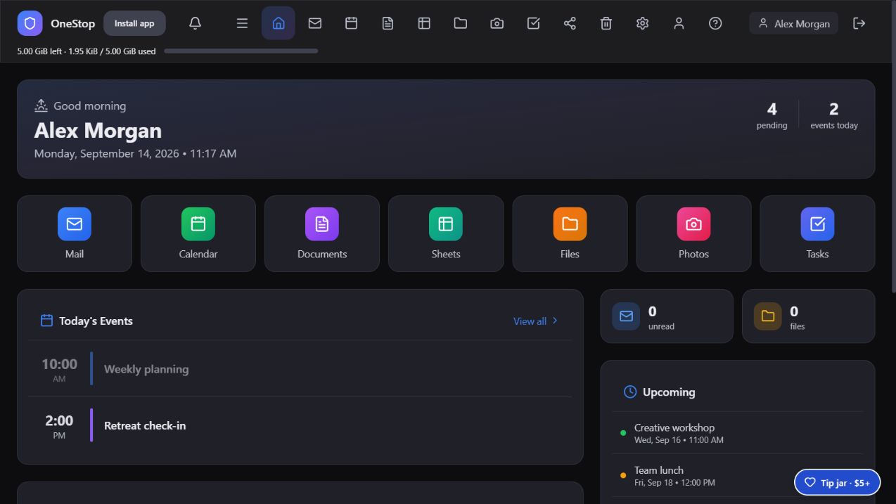 OneStop dark dashboard with workspace shortcuts and daily events