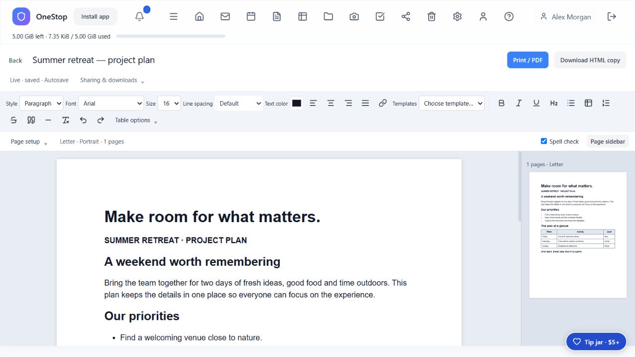 OneStop document editor showing a retreat project plan and page preview