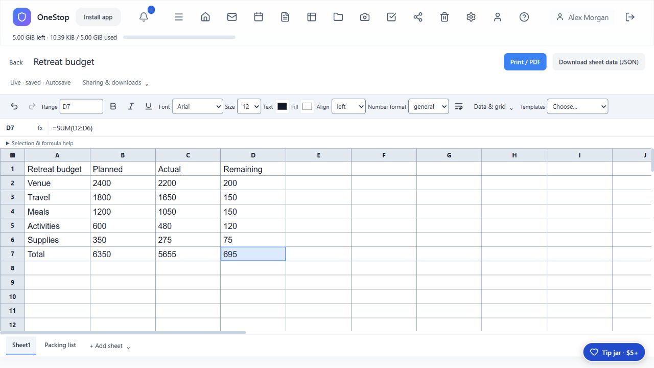 OneStop spreadsheet with a retreat budget, SUM formula and worksheet tabs