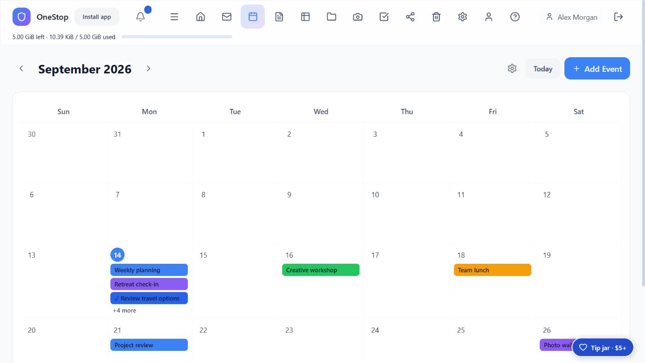 OneStop September calendar showing color-coded events and tasks