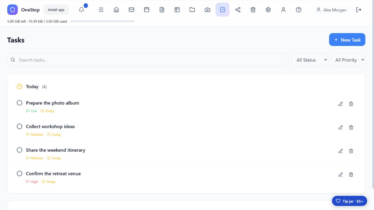 OneStop task list with four tasks and priority labels