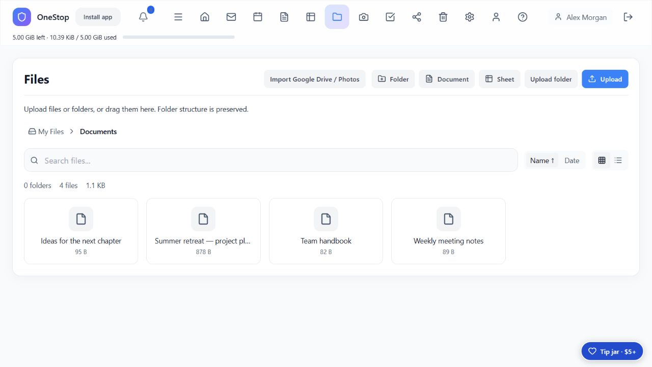 OneStop file library with document cards and folder upload controls