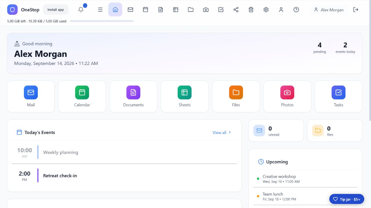 OneStop light dashboard with workspace shortcuts and daily events